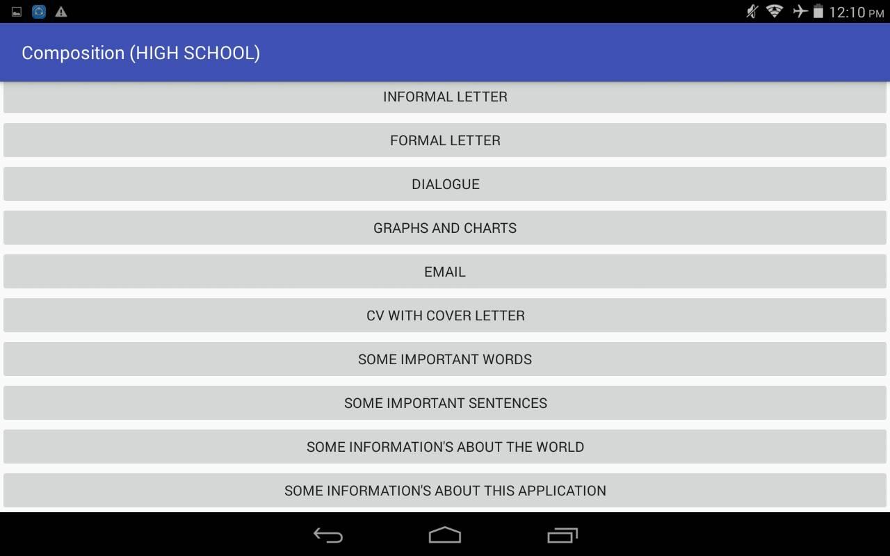 The finished Android app showing educational content menu